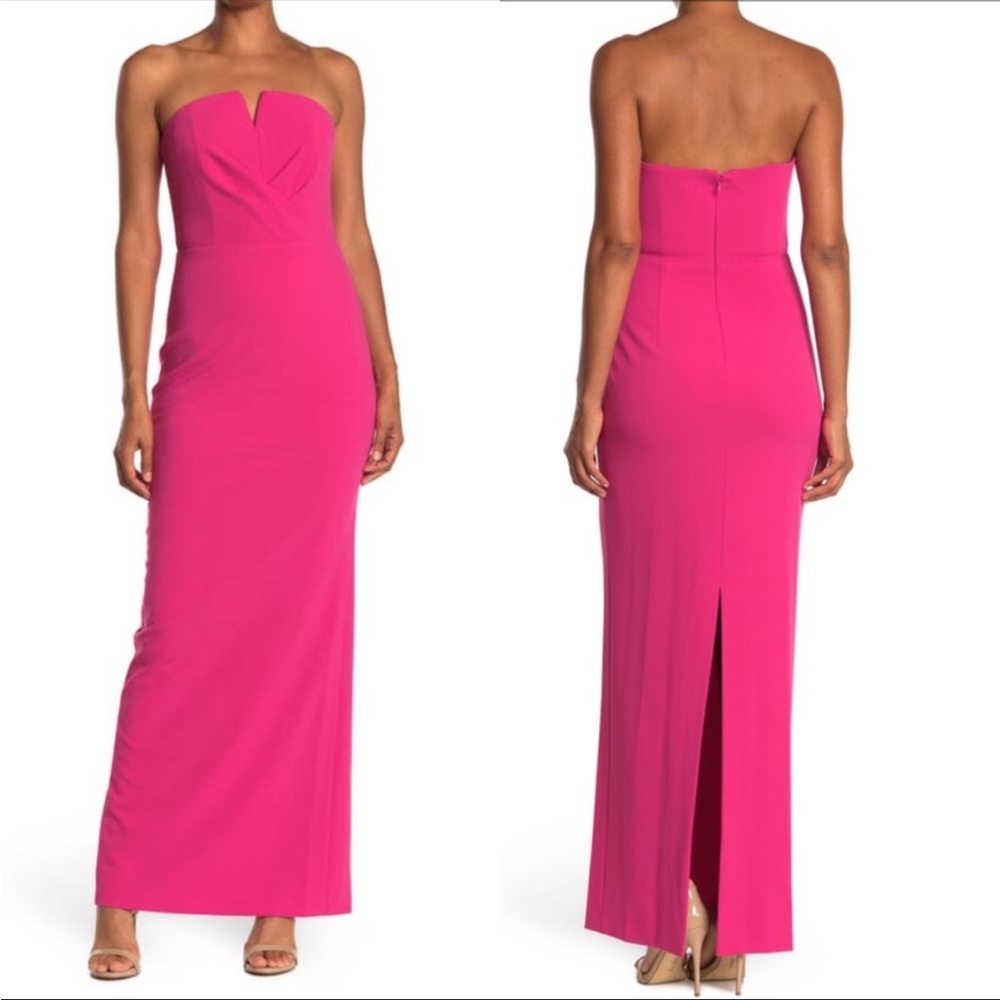 Calvin Klein Split V Notch Strapless Crepe Formal Maxi Dress Hibiscus Pink 4 NWT - Picture 1 of 9